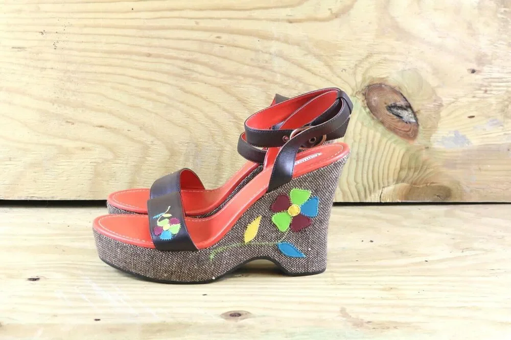 New Tommy Girl Shoes 10M Platform Tweed Floral Embroidered Leather Sandals Shoes